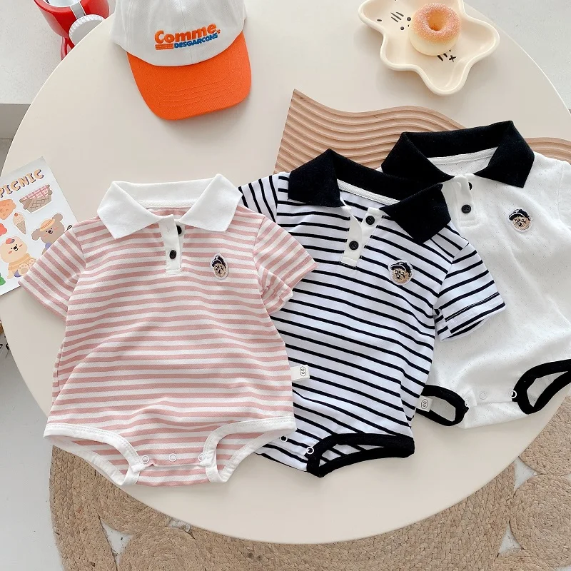 

INS Summer Baby Striped Romper 0-2Years Newborn Boy Girl Short Sleeve Turn Down Collar Cartoon Bear Cotton Bodysuit Clothes