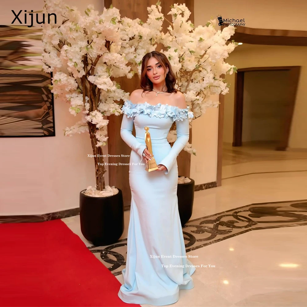 Xijun Babyblauwe Crêpe Zeemeermin Avondjurken 3D Bloemen Uit De Schouder Galajurken Saudi Arabische Lange Galajurken Aanpassen