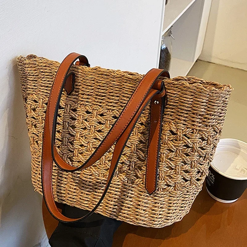 Trendy Straw Weave Bag For Women 2023 Summer Brand Designer Female Handbags Luxury Shoulder Bag Fashion Beach Basket Simple Bag