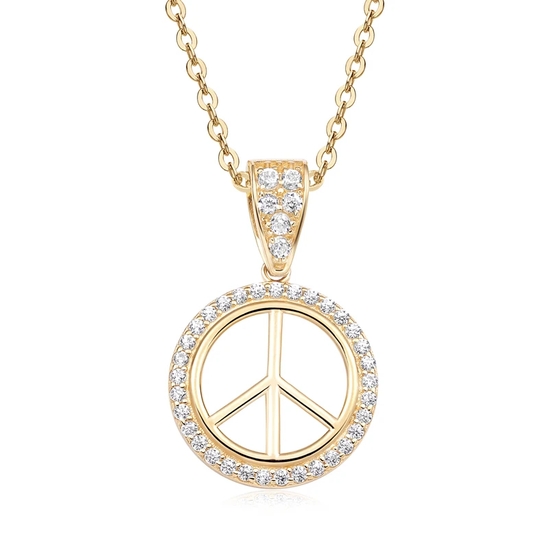 

Raprgold 14K Solid Gold Cubic Zirconia Peace Sign Round Pendant with 925 Silver Link Chain 20'' Geometric Delicate Pendant