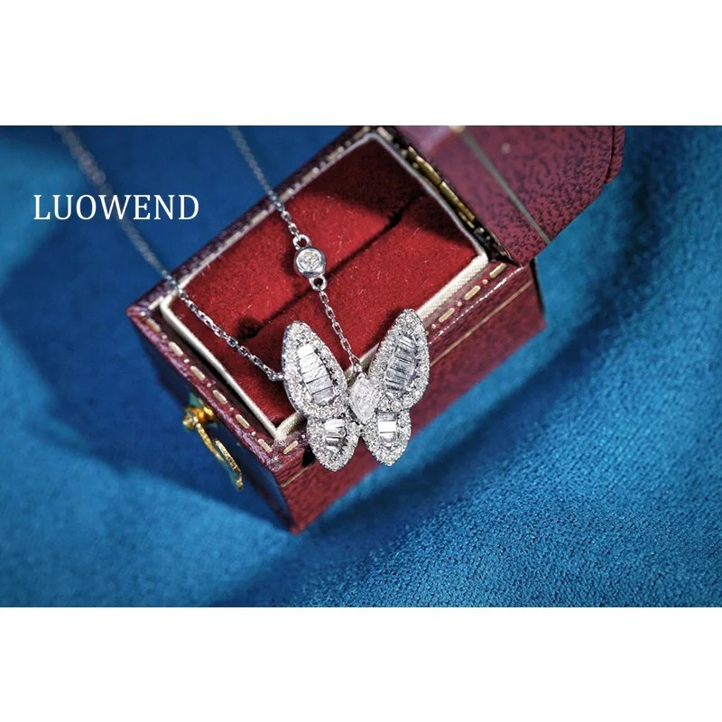 LUOWEND 100% 18K White Gold Necklace Women Elegant Butterfly Shape 0.60carat Real Natural Diamond Pendant Necklace Fine Jewelry