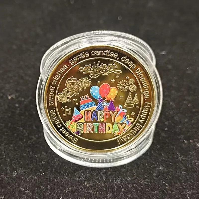 1.5mm Lucky Coins of Happy Birthday Cake Metal Coins Gold Plated Colorful Collectible Coins for Children's Birthday Gifts