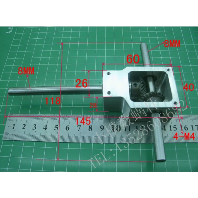 Small 90 degree commutator spiral bevel gear box reduction ratio 1:1 shaft 8mm/10mm gear reducer assembly