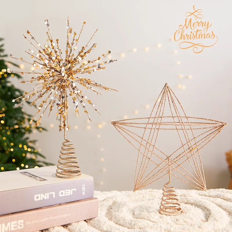 Star Tree Topper - เครื่องประดับตกแต่งยอดต้นคริสต์มาส รูปดาวห้าแฉก ประดับกลิตเตอร์สีทอง ลวดโลหะ ประดับเลื่อม รูปดอกไม้ไฟ