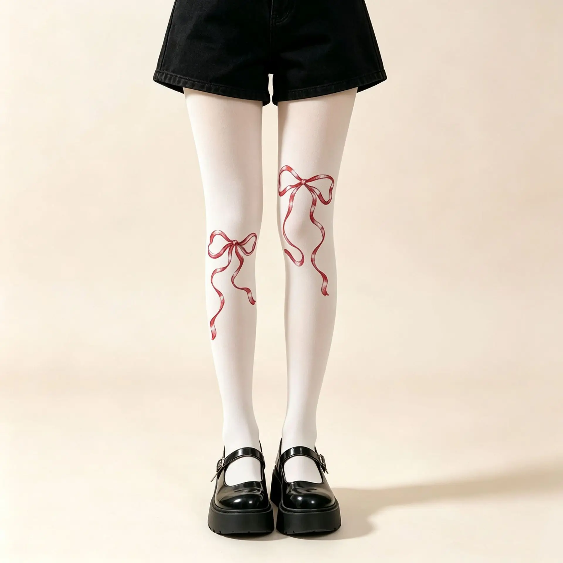 Cute Pink Cat Paw Bow Print Women Pantyhose Sweet Asymmetrical Pattern Tights White Thin Lolita Cosplay Full Length Hosiery