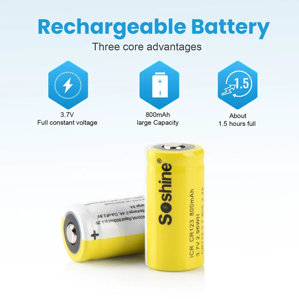 Soshine CR123 800mAh Lithium Rechargeable Battery 3.7V CR123 CR2 16340 Li-ion Battery Charger 800mAh Batteries for Flashlight