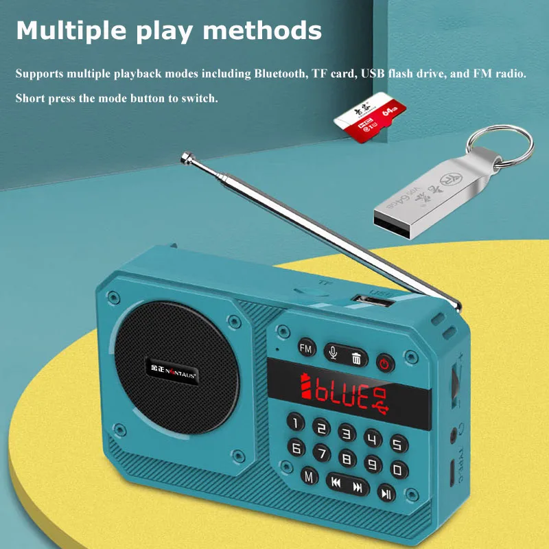 Mini Radio FM portátil, receptor de Radios de alta sensibilidad, altavoz inalámbrico Hifi Bluetooth con micrófono, compatible con grabación, reproducción USB TF