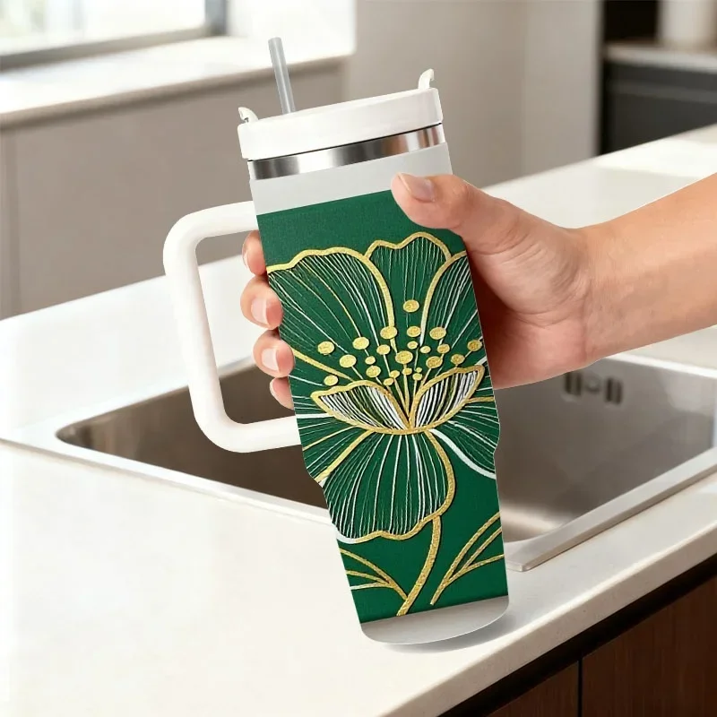 Stylized Golden And White Floral Print 40Oz Stainless Steel Insulated Tumbler, Dark Green Background Digital Printed Drink Cup, Reusable Thermal Water Bottle for Daily Outdoor Commute And Office Use
