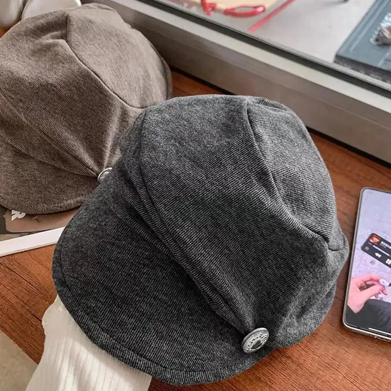 

2026 зимняя теплая морозостойкая восьмиугольная шляпа в японском стиле в стиле ретро со рюшами и пуговицами, однотонный элегантный берет художника для женщин