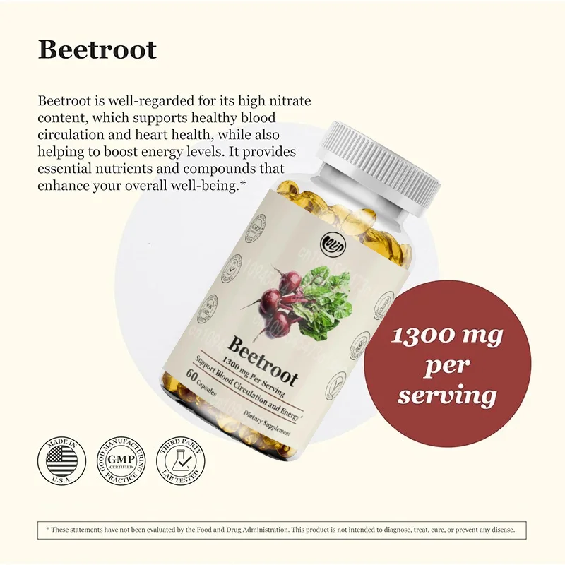 Beetroot 1300mg, Vegetarian, Non GMO, Supports Blood Circulation and Energy -60 Capsules of Plant