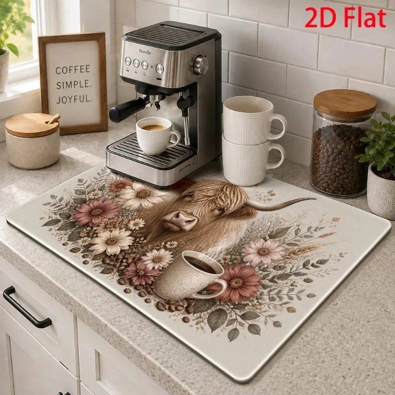 Kitchen Drainage Mat 2D Flat Highland Cow Floral Pad Super Absorbent Espresso Coffee Maker Support Countertop Placement