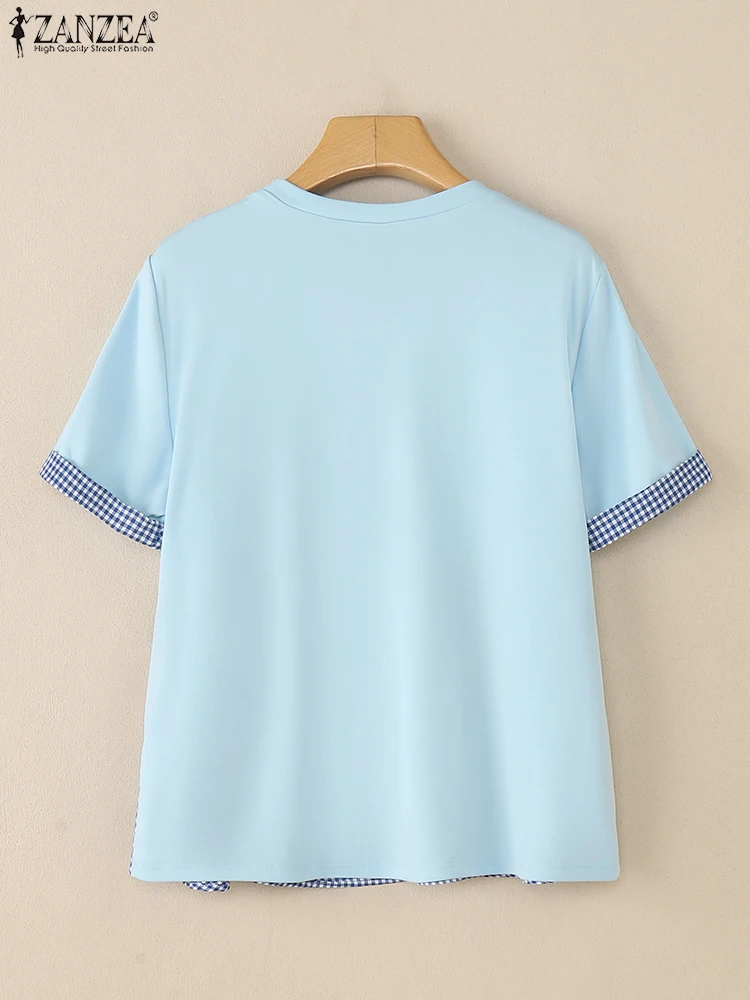 ZANZEA เสื้อฤดูร้อนผู้หญิงปลอม 2 ชิ้นเสื้อแขนสั้น Patchwork Blusas เสื้อทํางานลําลองหญิง Chemise Oversize