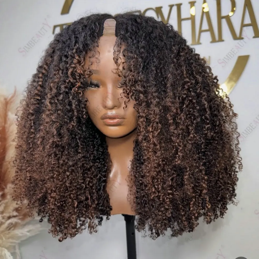 Kinky Curly U-Part Echthaarperücken ohne Klebstoff, Highlight-Farbe, Größe 1x4, 250 Dichte, voll maschinell gefertigte V-Part Perücken für schwarze Frauen – Detail 3