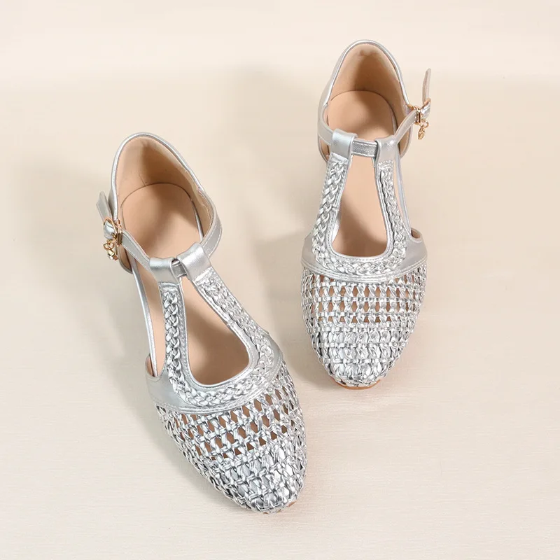 4.5cm Fashion Elegant Knit Sandals Round Head Shoes Summer 2026 Women's Block Heel Gladiator Sandals for Office Daily Mom Silver