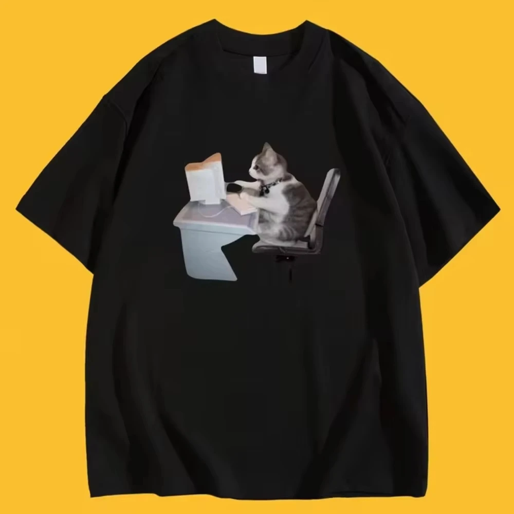 2026 New Cartoon-Themed Pattern T-Shirt with Cat Working Overtime Stylish Round-Neck Short Sleeves Summe