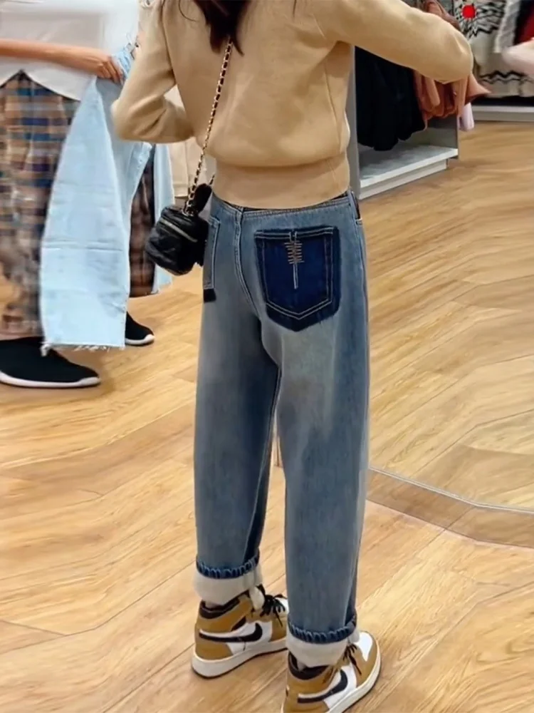 

Fleece Lined Thick Harlan Denim Jeans High Waist Loose Slimming Dad Carrot Pants Women's Casual High Waist American Style Jeans