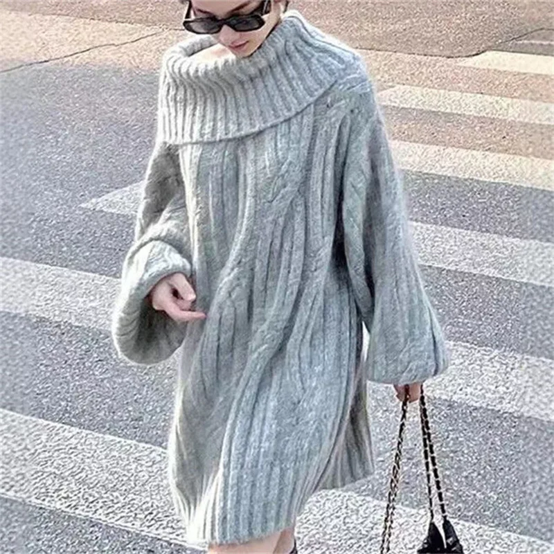 Plus-size knitwear ethos one-line shoulder pullover sweater long-sleeved lazy dress trend