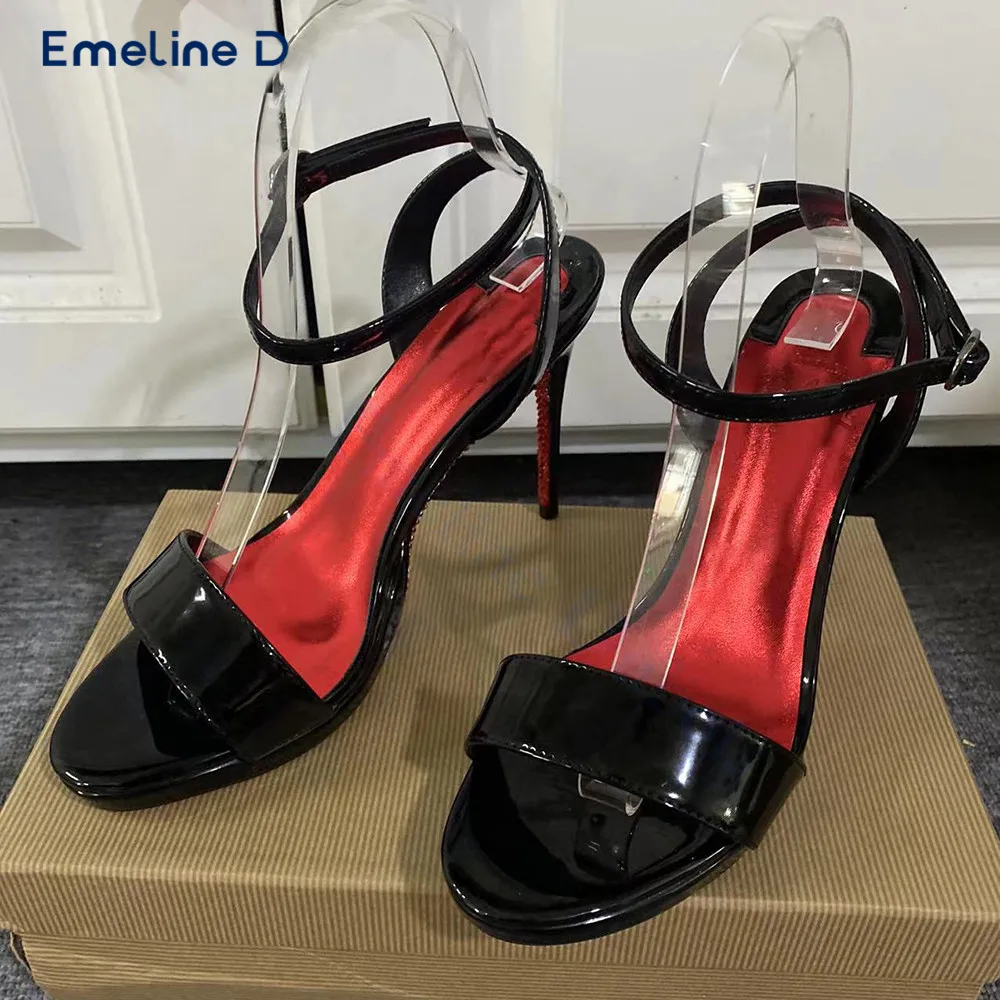 

Black Patent Leather One-Strap High-Heeled Sandals Round Toe Rhinestones and Stiletto Heels Ankle Buckle Fashionable Shoes