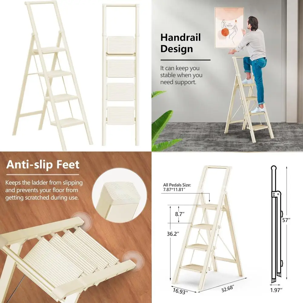 

Folding 4-Step Ladder with Anti-Slip Treads for Home and Kitchen, Space-Saving White