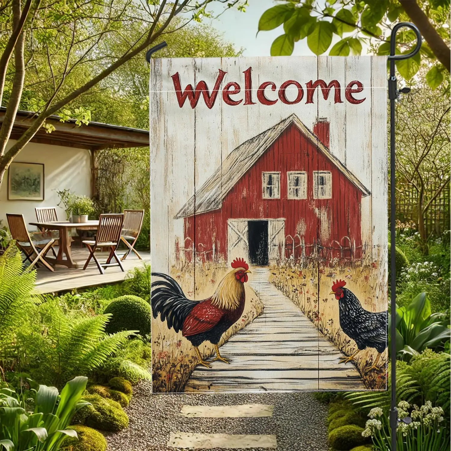 Barnyard Welcome Garden Flag, Red Farmhouse Rooster Chickens Outdoor Decor, Double Sided Burlap Yard Flag Seasonal Lawn Deco PPZ