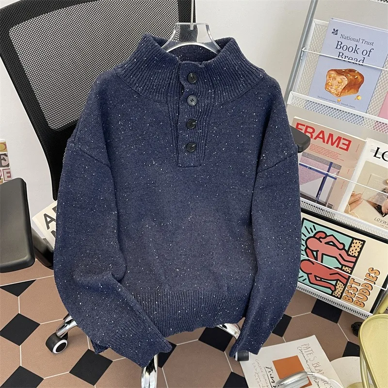 

Мужской вязаный свитер American Sle Lazy оверсайз с высоким воротником, из смесовой шерсти, с пуговицами в горошек, осенне-зимний пуловер