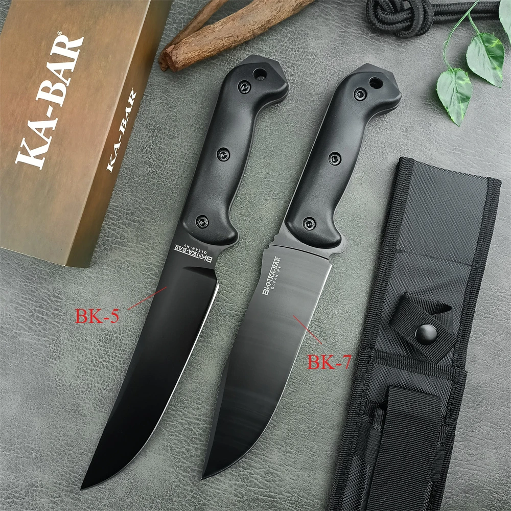 KA-BAR BK7/BK5 オールブラック大型固定刃ナイフ 8Cr13Mov ブレードブラック GFN ハンドル戦闘ユーティリティ屋外軍事サバイバルギア