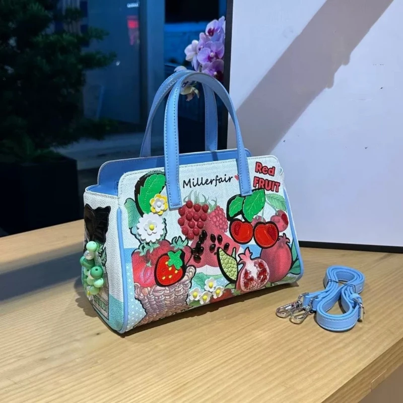 

High-end Elegant Women's Bag PU Leather Handbag New Korean Style Large Capacity Fashion Stitching Fruit Pattern Crossbody Bag