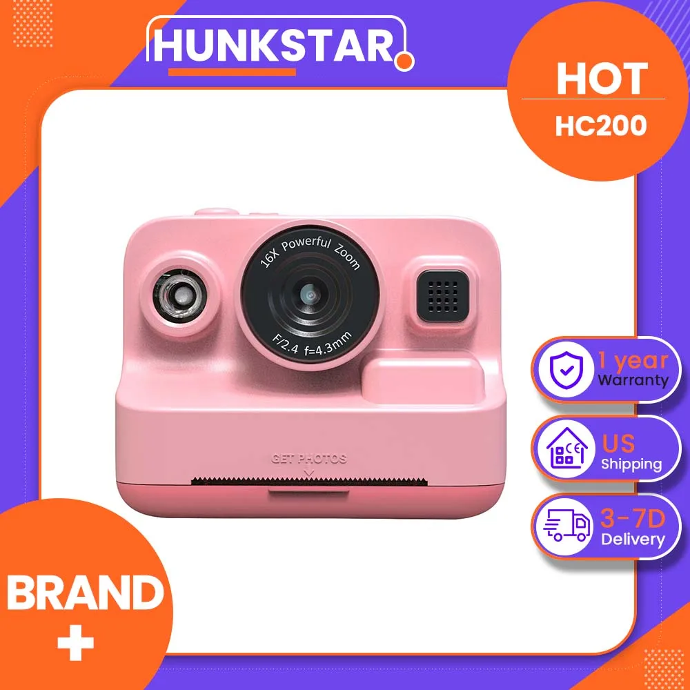 

Hunkstar HC200 Funny Instant Print Camera for Kids, B&W Print in 1s, Color Photo Save to SD, 2.4" Screen, 1080P, 16X Zoom, Filters, Stickers, Games, MP3, 3 Paper Rolls, Type-C, 32GB SD card
