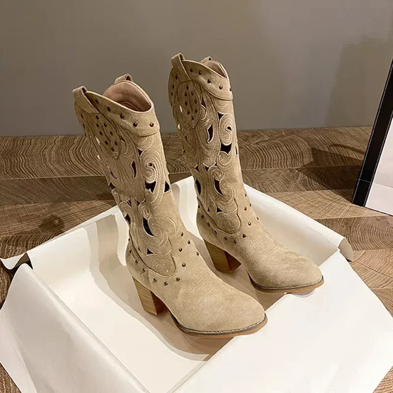 Stivali western retrò ricamati cavi Stivaletti da cavaliere in pelle Pu da donna Nuovo autunno 2025 Stivali da cowboy da donna alti al ginocchio con tacco grosso