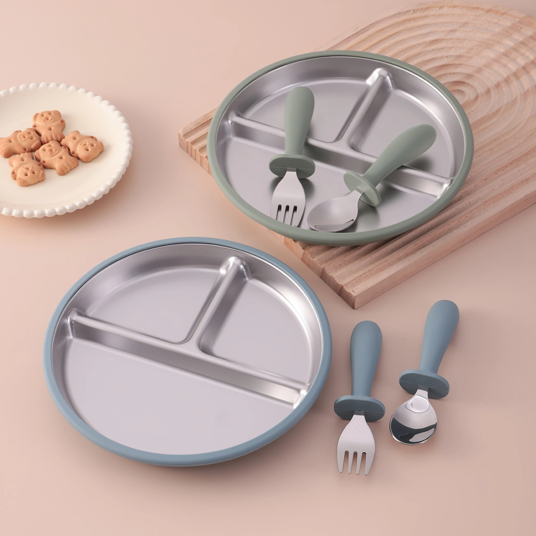 3PCS Baby Stainless Steel Dinner Plate Fork Spoon Set Reusable BPA Free Feeding Food Dish Toddler Training Weaning Tableware