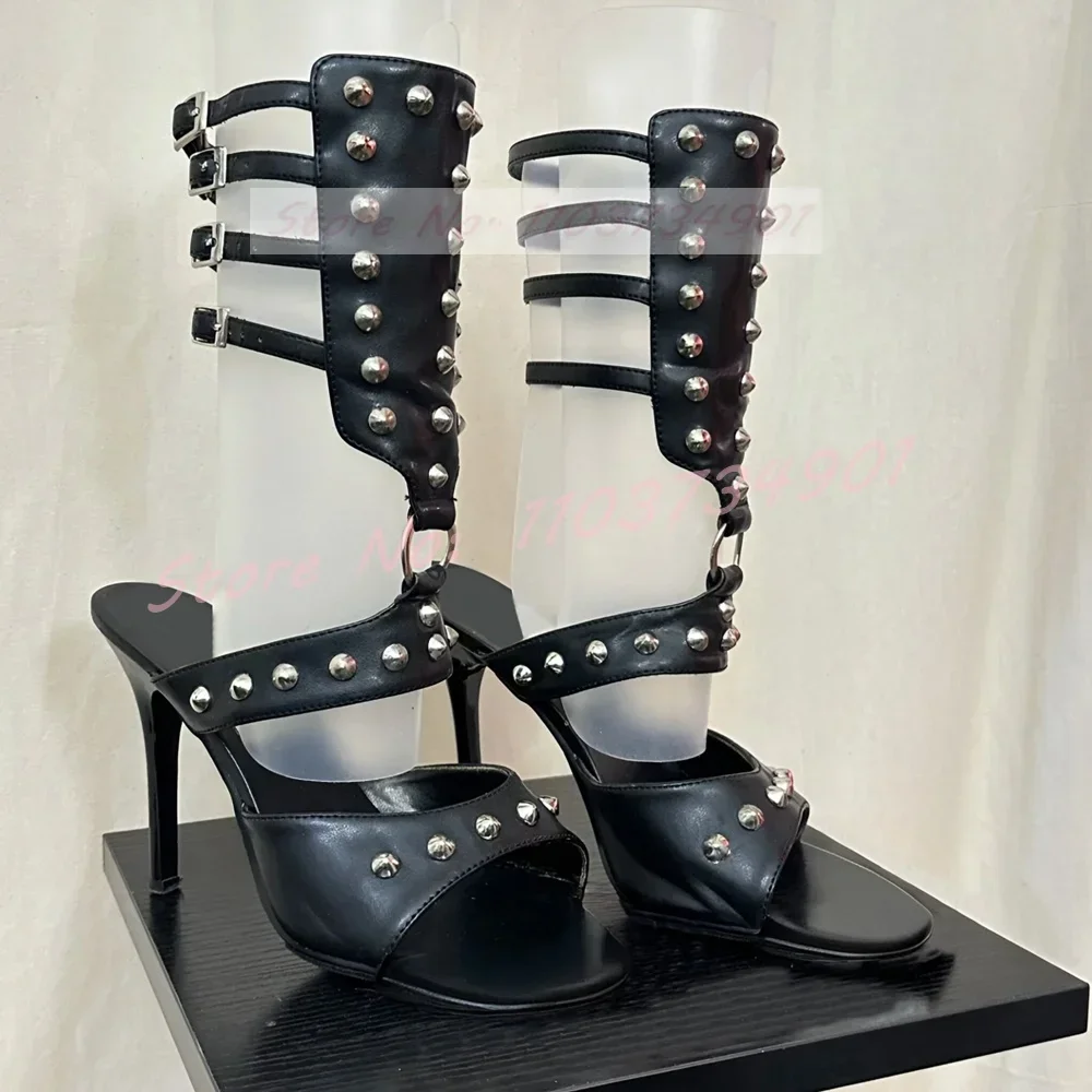 Rome Style Rivets Stiletto Sandals Women Retro Multi-Strap with Buckles High Heels Open Toe Gladiator Lady Punk Party Festival