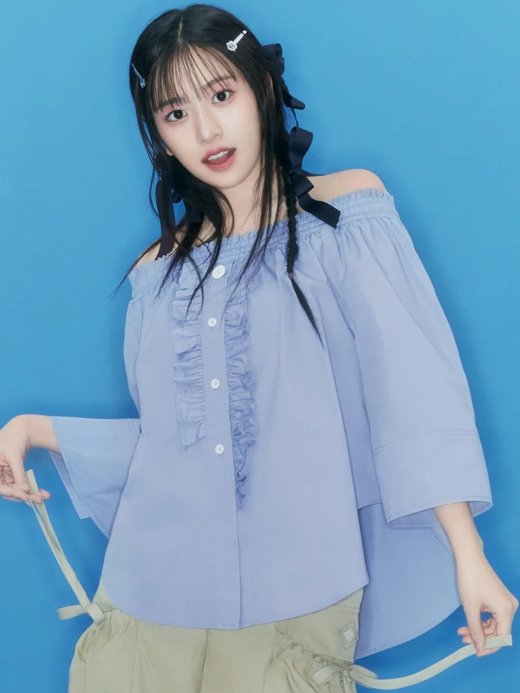 Loose Fit Cotton irt LUC One oulder Elastic Nine Sve Commute Sle Korean Version Regular Sve Length Long Button Cl...