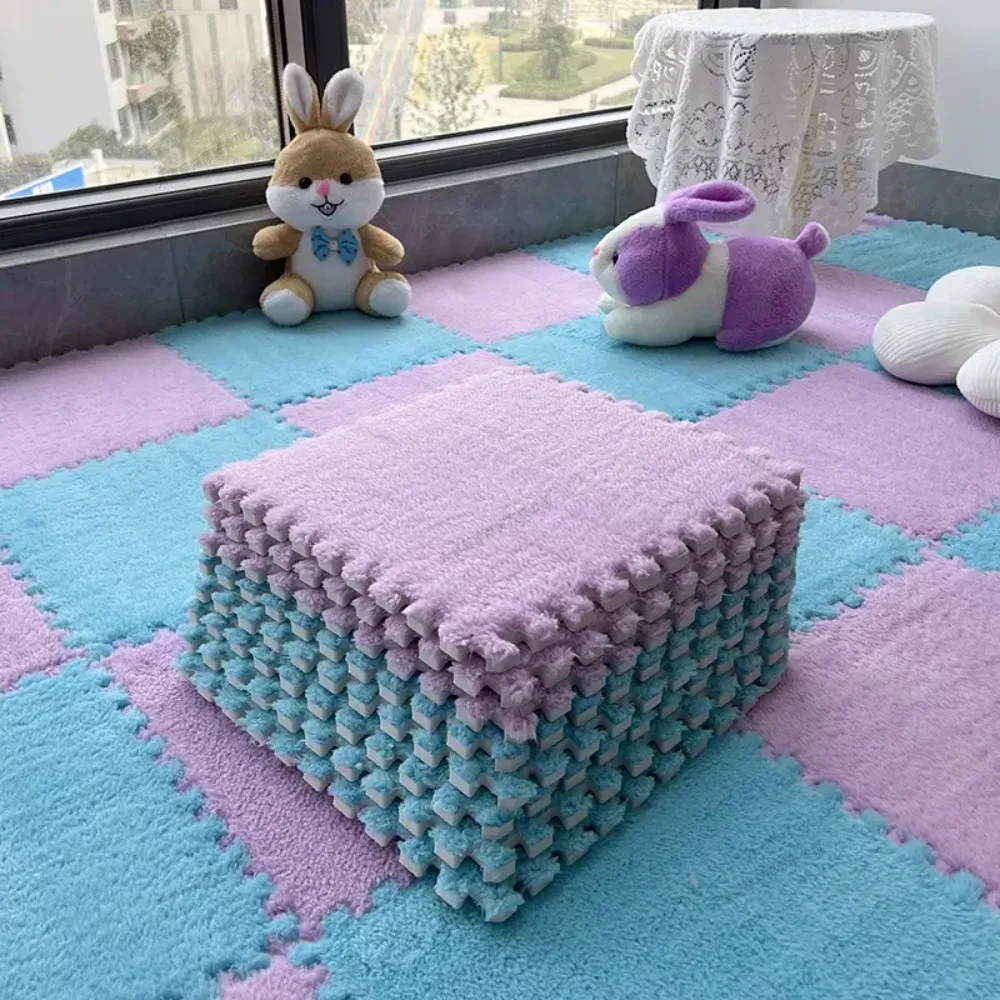 20Pcs Soft Plush Puzzle Floor Mats Interlocking Foam Tile Non-Slip Fluffy Carpet for Baby Room Nursery Bedroom Living Area Decor