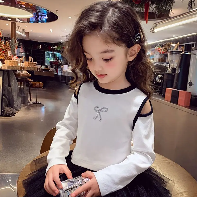 2026 Girls Long Sleeve T Shirt Spring Off Shoulder Top Casual Versatile Kids Base Layer Tee Trendy Children Clothing