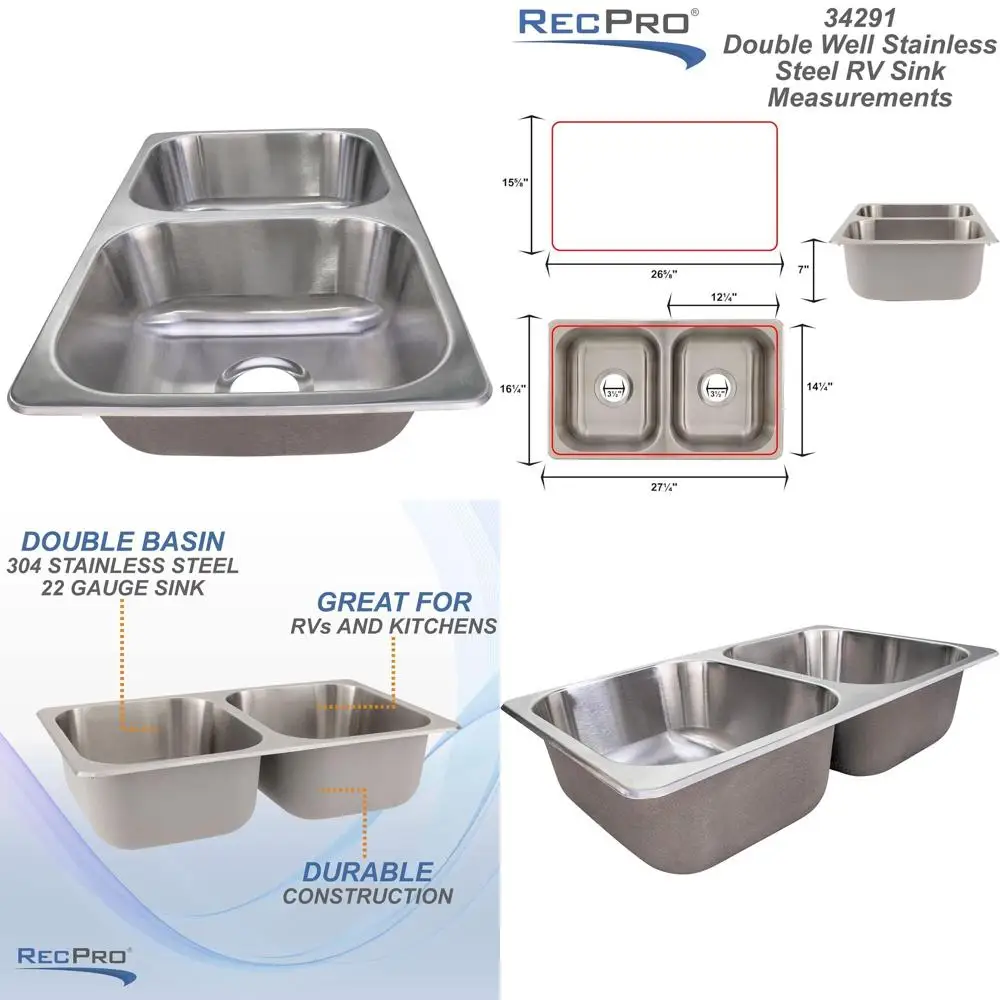 

Double Bowl RV Kitchen Sink, 27 x 16 x 7, Stainless Steel