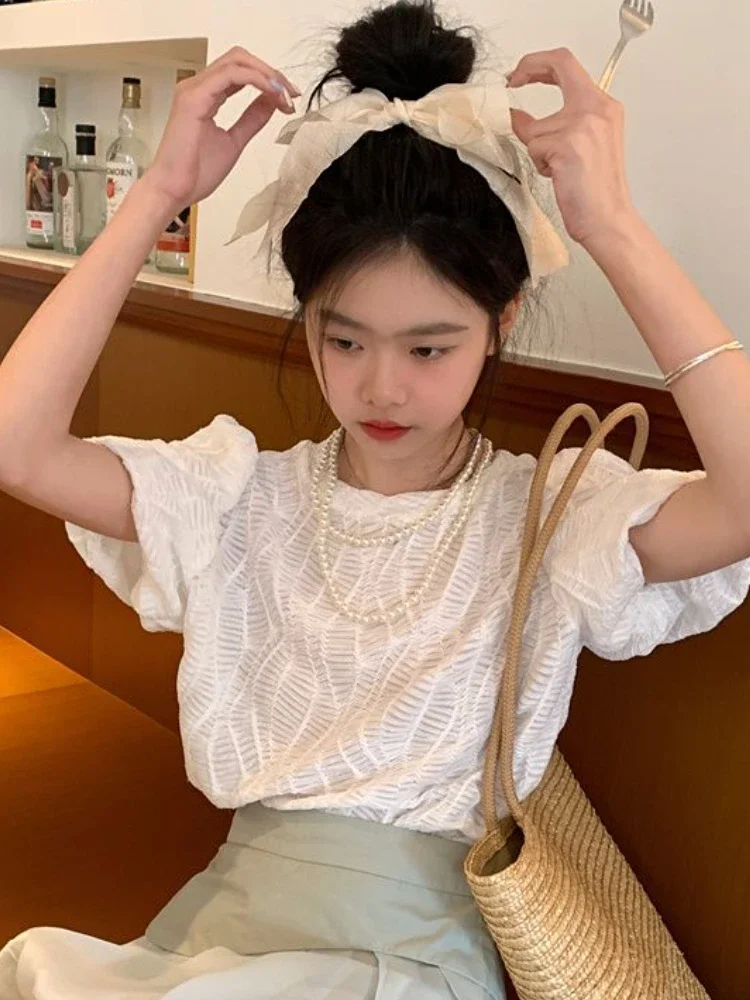 T-shirts Women Sweet Puff Sleeve Solid Gentle Tops Summer French Style All-match Aesthetic Girlish Simple Tender Mujer футболка