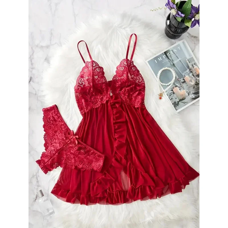 Women nightdress sexy lace fossil bow nightgown mini dress V neck full slip babydoll lingerie sleepy Wear & dresses