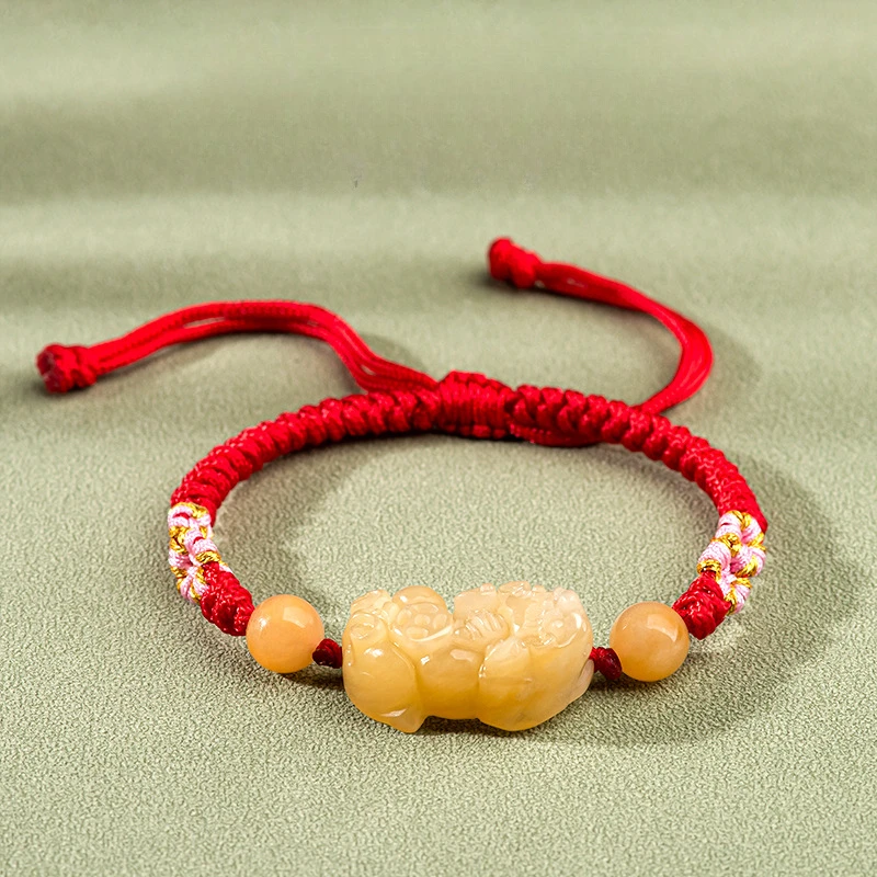 Golden Silk Jade Pi Xiu Bracelet, Handwoven Red Black Cotton Thread, Adjustable Lucky Wealth Protection Jewelry Gift