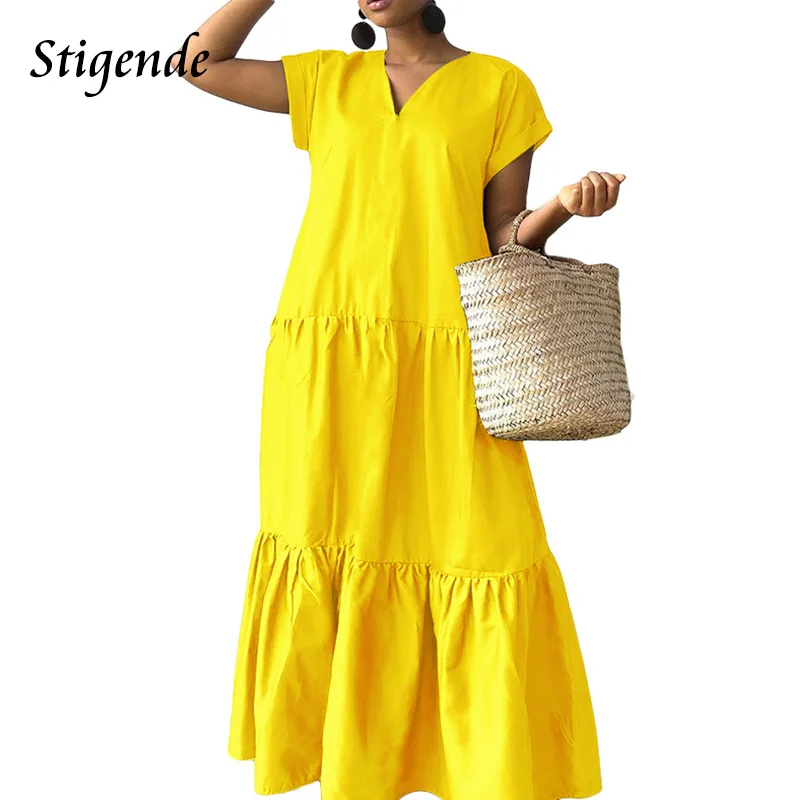 Vestido longo em camadas com decote em V de verão feminino patchwork solto vestido multicamadas