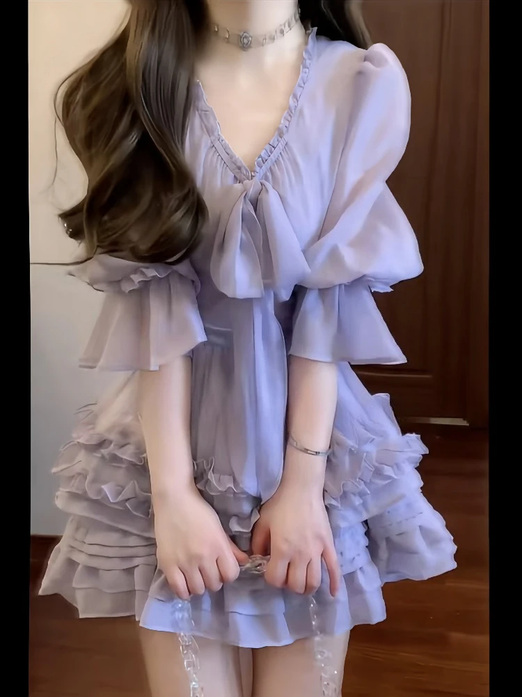 

Korean Sweet Fashion Thin V Neck Half Sleeve Women Tops Tiered Pleated Skirts Y2k Aesthetic Office Lady Popular Two Piece Sets