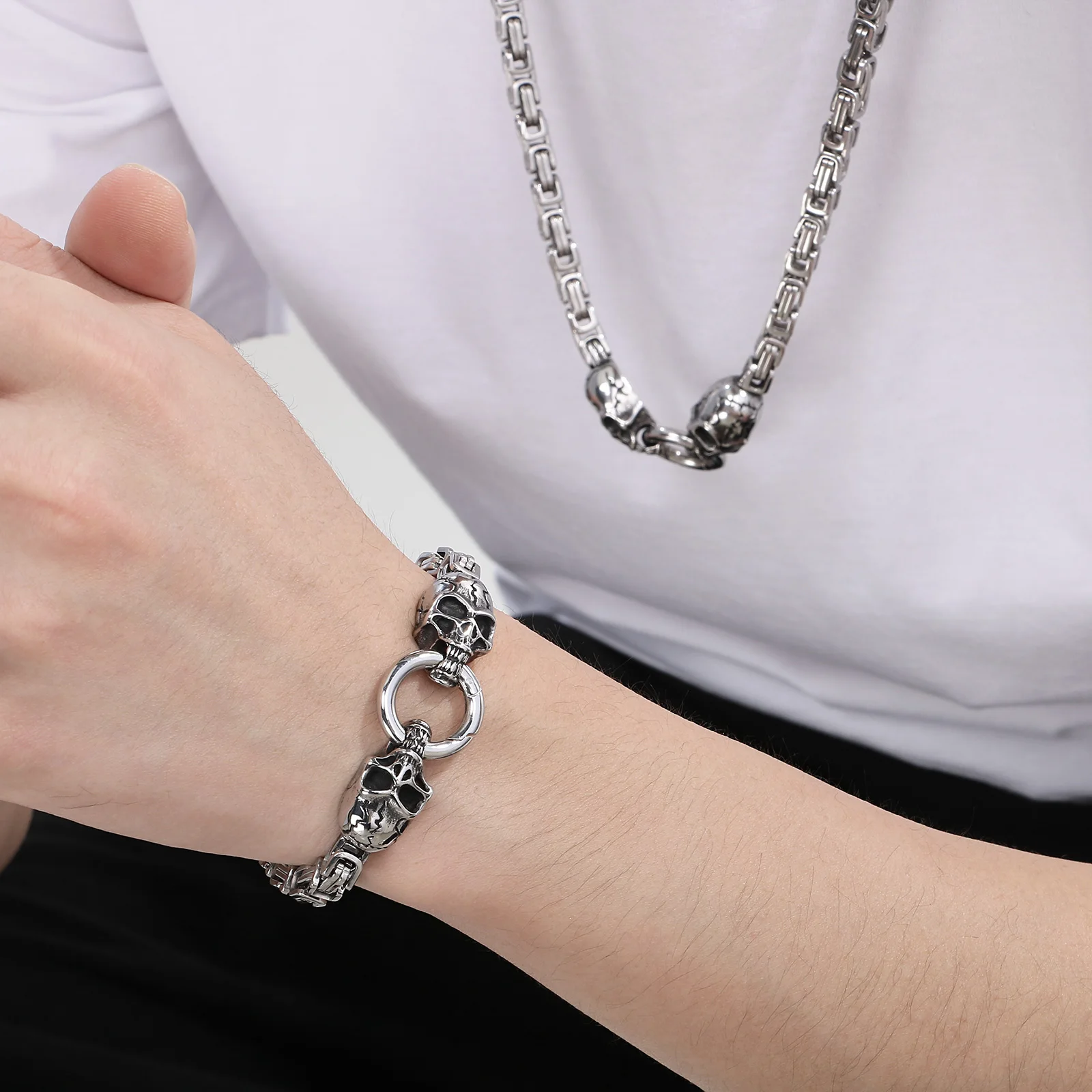 Fongten Black Skull Stainless Steel Bracelet for Men Charm Gothic Knight New Edition Choker Fashion Jewelry Set Halloween Gifts