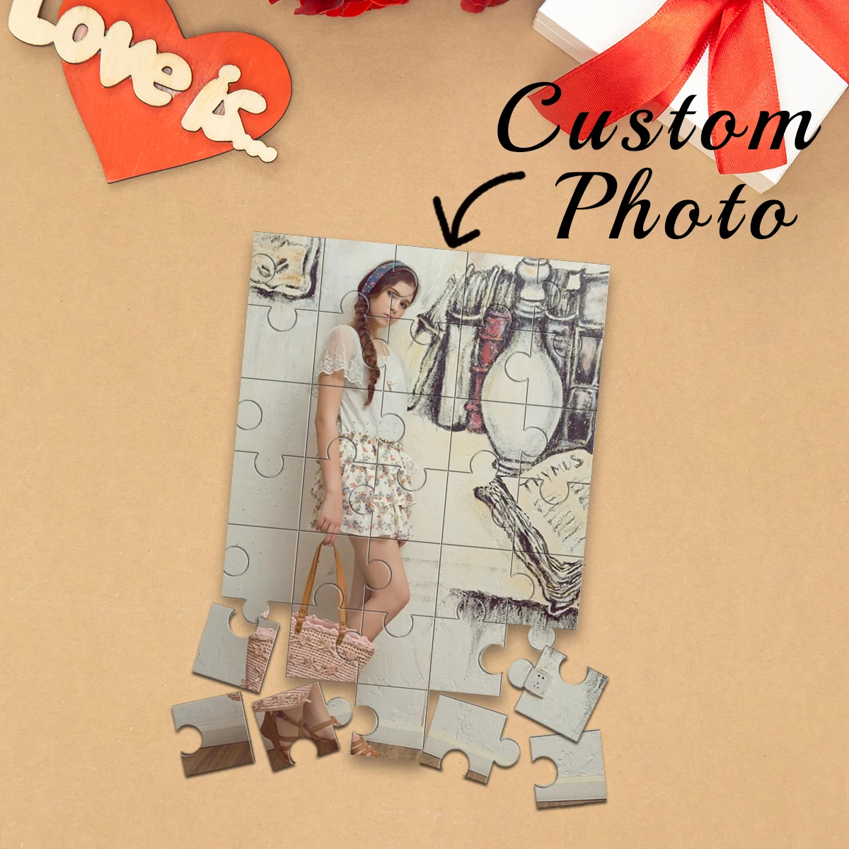 1pc Custom Photo Single Portrait Wooden Jigsaw Puzzle,Ideal Anniversary,Wedding,Birthday,Valentine Gift For Family Friends