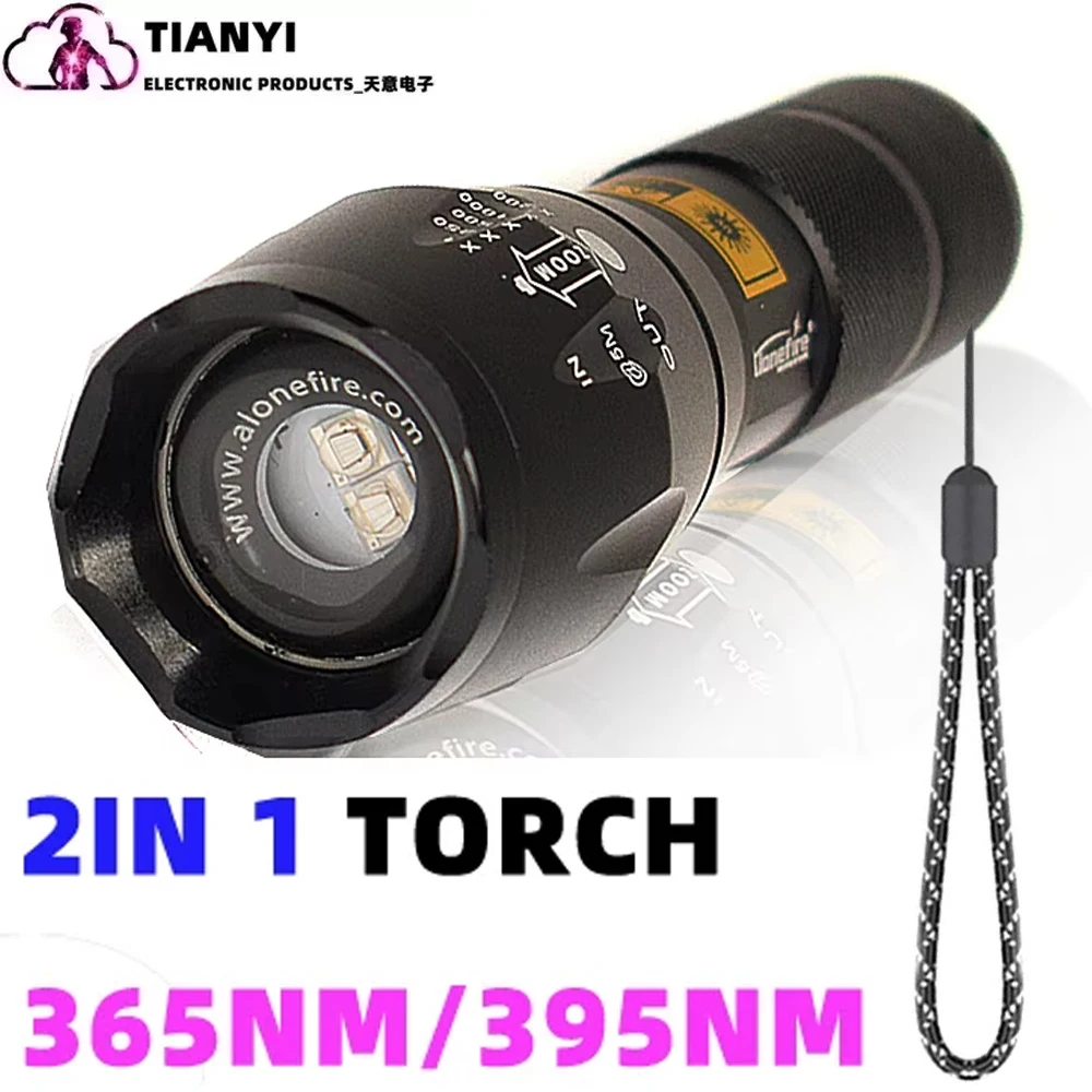 Detector de falsificación de alta potencia, luz ultravioleta uv 365 + 395nm, luz púrpura Tsinghua, luz fluorescente, linterna deslumbrante de escorpión