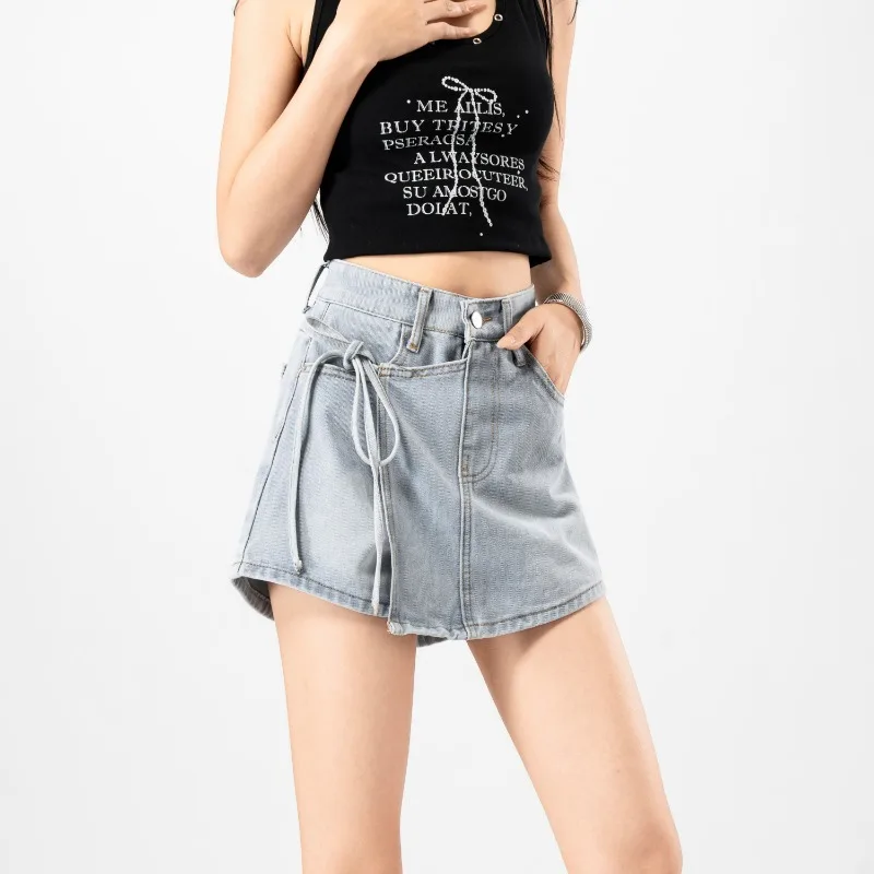 Jupe courte en jean pour femme, taille haute, style A-line, avec poches et ceinture, pour l'été, streetwear, plage, mini