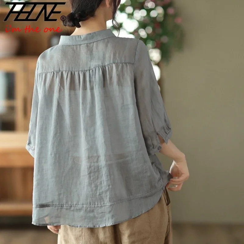 Plus Size Summer Shirts Women Oversized Blouses Korean Style Vintage Embroidery Cotton Linen Shirt Ramie Blouse Top Blusas