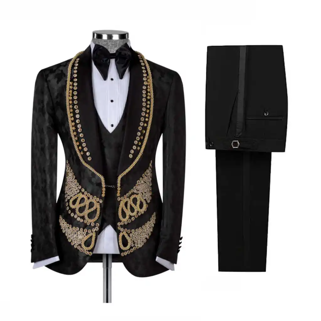 

Luxury Rhinestones Men Suits Formal Gold Beads Groom Prom Blazer Jacket Pants 2 Piece Set Wedding Tuxedos
