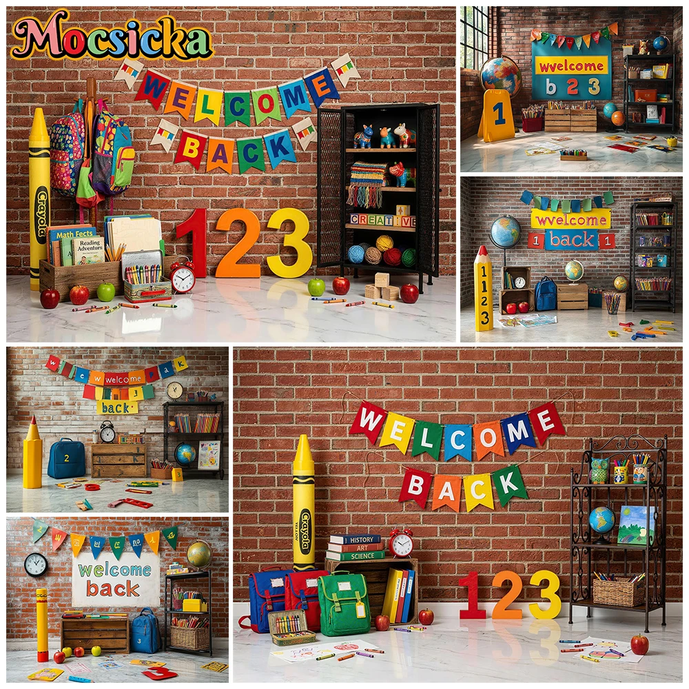 

Mocsicka Back To School Photography Backdrop Red Brick Wall Student Classroom Background Kindergarten Party Photo Welcome Banner