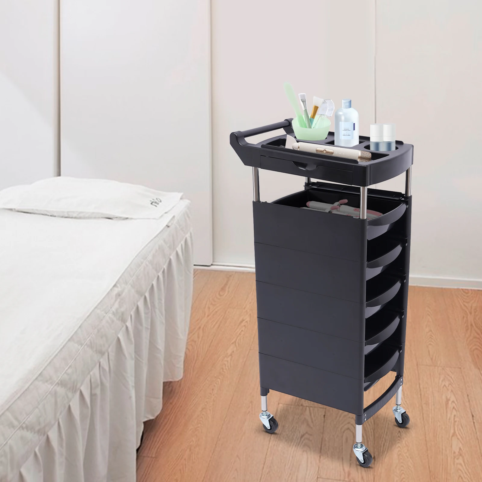 Salon Rolling Trolley with Wheels, 5 Drawers, 2 Side Tattoo Tray, Multifunctional Tool Storage Cart Supporting Hair Dryer Holder