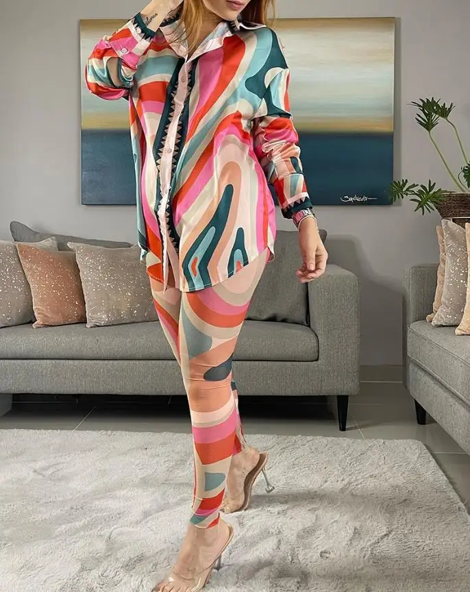 Women\'s Two-Piece Long Sleeve Sexy V-Neck Fashion Baroque Print Top and Tights Suit Casual Daily Street Wear Support Wholesale