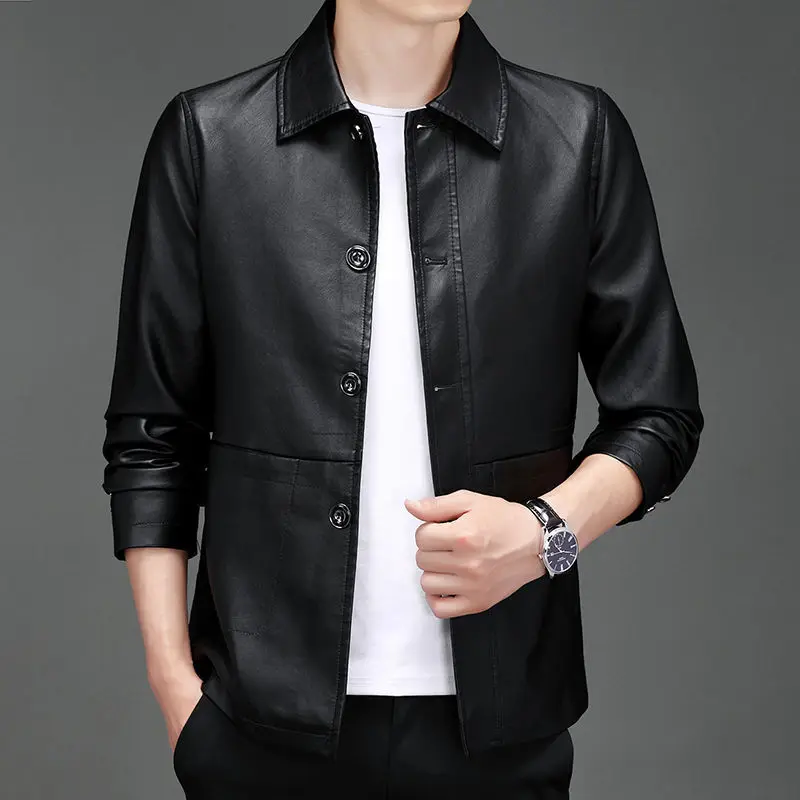 

PU Leather Coat Men Spring Autumn Thin Middle-Aged High-End Winter plus Velvet Thickened Large Size Leather Jacket Trendy Coat